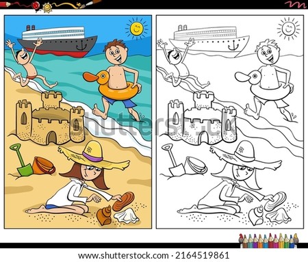Cartoon illustration of happy children spending their vacation on the beach coloring book page
