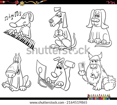 Black and white cartoon illustration of funny dogs animal characters set coloring book page