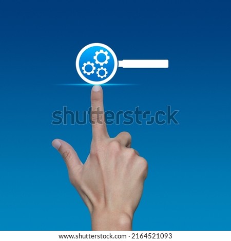 Hand pressing seo flat icon over light blue background, Search engine optimization concept
