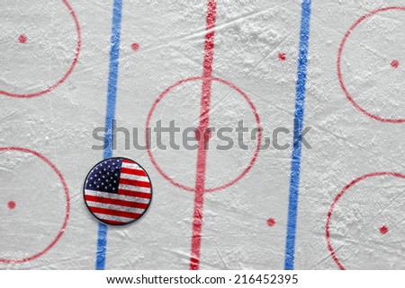 Puck lying on the ice hockey rink. Concept, scheme