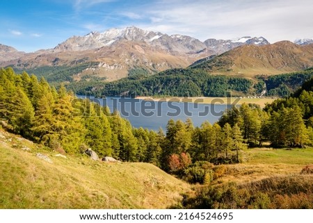 The hiking trail from Plaun da Lej to Grevasalvas (part of via engiadina) offers great views on Lake Sils and the Upper Engadine Valley (Switzerland). Royalty-Free Stock Photo #2164524695