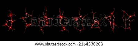 Ground cracks with red glow of fire or magma inside. Vector realistic set of lightning, electric impacts or cracks with magic light in land in top view isolated on black background