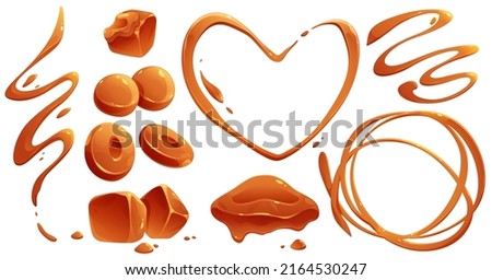 Toffee candies and liquid caramel splashes and flows. Vector cartoon set of sweet brown cream, fudge cubes, sugar or maple syrup drips and stains in shape of swirls, heart and waves