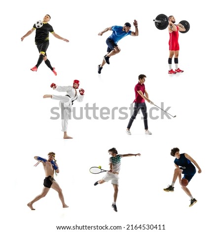 Runner, golf, boxing, soccer. Collage of different professional sportsmen, fit people in action and motion isolated on white background. Concept of sport, achievements, competition, championship