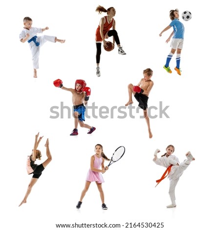 Karate, basketball, football, boxing and tennis. Collage of little sportsmen, fit boys and girls in action and motion isolated on white background. Concept of sport, achievements, competition. Poster.