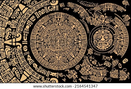 Ancient Mayan Calendar. Abstract design with an ancient Mayan ornament.
Images of characters of ancient American Indians.The Aztecs, Mayans, Incas.
The Mayan alphabet.Ancient signs of America  Royalty-Free Stock Photo #2164541347