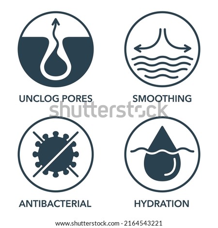 Icons of Properties for facial acne cleanser - hydration, unclog pores, anti-bacterial, skin smoothing. Icons set in thin line Royalty-Free Stock Photo #2164543221