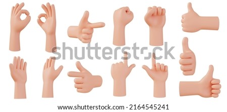 Hands gestures 3D cartoon, collection icon character hand set, isolated on white background, 3D render illustration