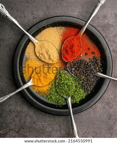 Assorted of colorful spices (red pepper powder, turmeric powder, black pepper, dried parsley leaves, and kaempferia galanga powder) with a dramatic concept of background and varied angles.