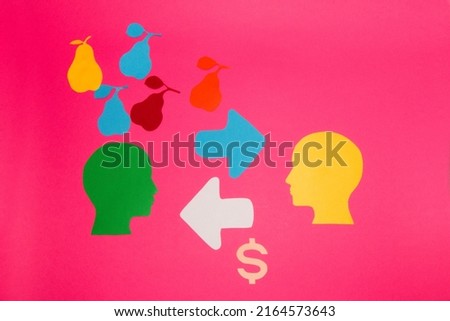 paper heads, creative illustration of the exchange of goods for money, modern world, knowledge acquisition