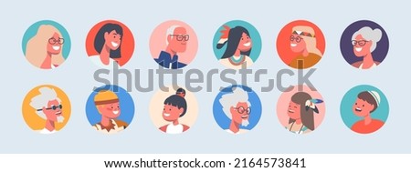 Set of People Avatars, Isolated Round Icons. Men, Women, Girls or Boys Portraits, Kids in Indian Costumes, Seniors, Male and Female Characters with Different Appearance. Cartoon Vector Illustration