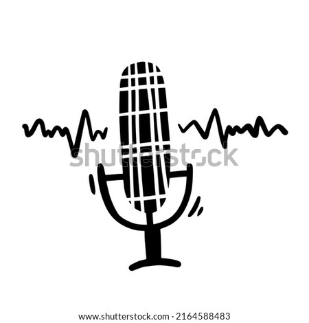 Podcast microphone on time icon doodle hand drawn in vector. Scribble sketch monochrome drawing.