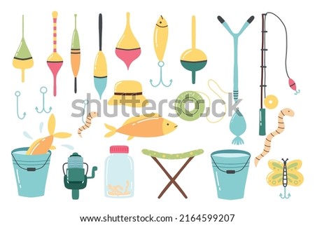 Fishing set. A set of tools for fishing. Flat style. Vector illustration. Fishing rod, hook, floats.