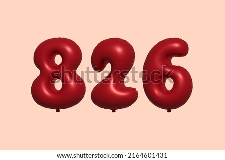 826 3d number balloon made of realistic metallic air balloon 3d rendering. 3D Red helium balloons for sale decoration Party Birthday, Celebrate anniversary, Wedding Holiday. Vector illustration