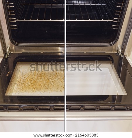 Dirty and clean oven, before and after cleaning and washing the stove glass. Washed grease on the oven window door, collage Royalty-Free Stock Photo #2164603883