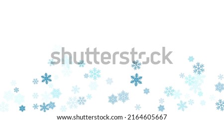 Winter snowflakes border simple vector background.  Macro snowflakes flying border design, holiday card with flakes confetti scatter frame, snow elements. Frosty cold season symbols.