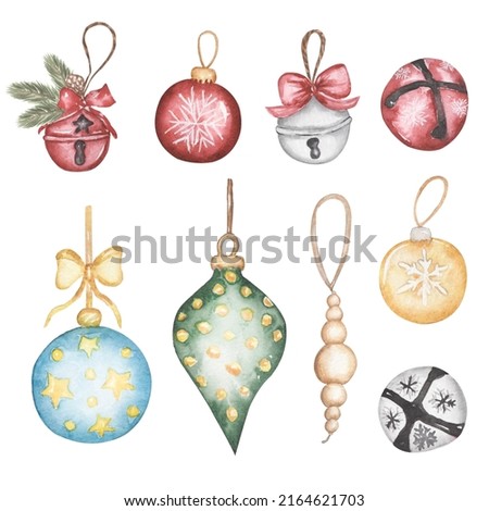 Watercolor Christmas tree toys clip art, Vintage style winter decor, christmas tree balls illustration