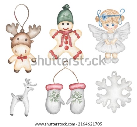 Watercolor Christmas tree toys clip art, Vintage style winter decor, christmas angel illustration, deer, mittens and ginger bread print