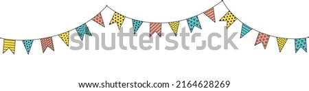  Carnival garland with flags. For banner or greeting card. Decorative bright colorful party pennants for birthday celebration, festival and fair decoration. Vector outline, line art isolated on white 