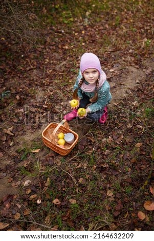 Little girl in pink resin boots taking apples out of the basket in autumn forest