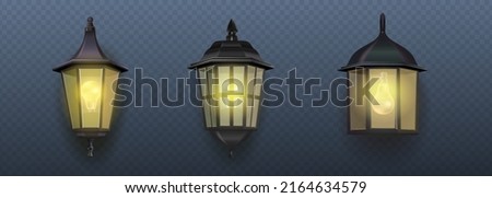 3d realistic vector icon. Outdoor wall garden light lamps collection in different styles. Street light. Old style metal electricity lamp. Royalty-Free Stock Photo #2164634579