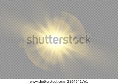 The star burst with brilliance, glow bright star, yellow glowing light burst on a transparent background, yellow sun rays, golden light effect, flare of sunshine with rays, vector illustration, eps 10 Royalty-Free Stock Photo #2164641761