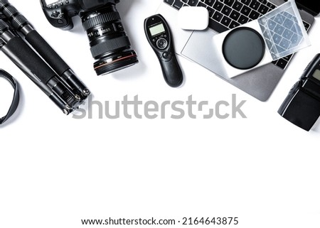 Flat lay composition with equipment for journalist on white back