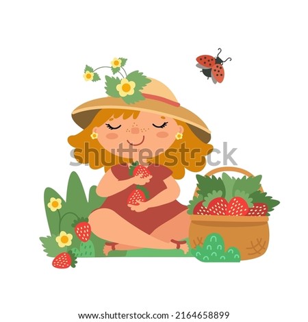 Cute little girl with berries. Funny female kid sitting on green lawn, holding fresh strawberry. Happy cartoon child in summer hat with basket full of berry. Vector illustration, flat design.  