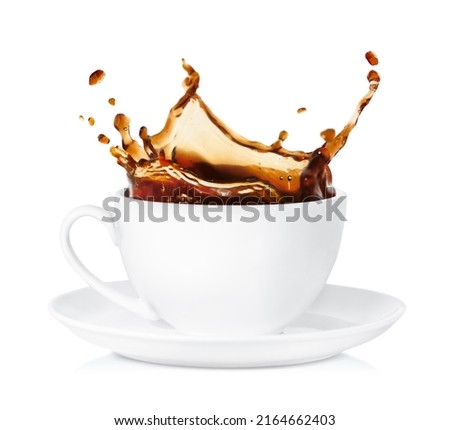 white cup with a splash of hot coffee on a white isolated background Royalty-Free Stock Photo #2164662403