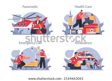 Ambulance concept set. Emergency medical technician in the uniform performing first aid. Paramedics urgent care. Healthcare, modern medicine treatment. Flat vector illustration Royalty-Free Stock Photo #2164663061