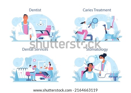 Dentist concept set. Dental doctor in uniform treating human teeth using medical equipment. Idea of dental and oral care. Caries treatment. Flat vector illustration Royalty-Free Stock Photo #2164663119