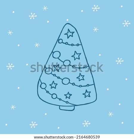 A hand-drawn christmas tree. Vector illustration in doodle style. Winter mood. Hello 2023. Merry Christmas and Happy New Year. Dark blue element with a white snowflakes on a blue background.