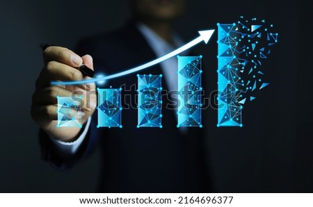 The hand writes growth success business arrow symbol up development financial profit graph icon grow investment chart stock diagram and motivation economic goal achieves the target on direction sign.