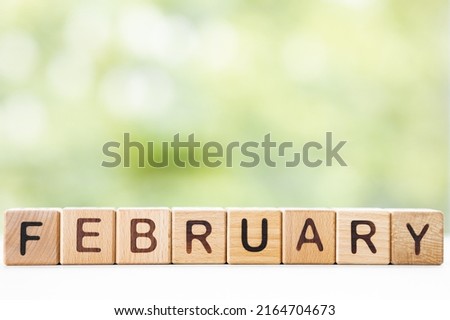 The word February on wooden cubes. They lie on other cubes against the backdrop of the summer garden. Month of year