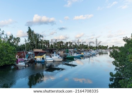 A lot of motor boats parked in the backwater. Home on the water. Poverty in Cuba. Wooden boats parking at the mini dock