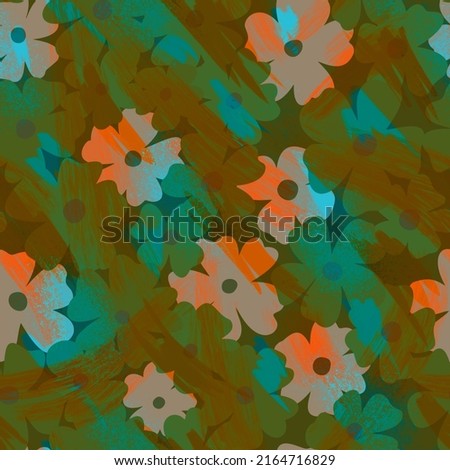 Cartoon style daisy floral seamless pattern. Ditsy botanical background made of wildflowers. Summer motif with daisy flower buds on  hatched grunge texture. Trendy flat illustration.