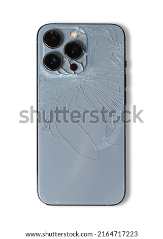 smartphone back view glass broken. crack screen mobile phone isolated on white background.