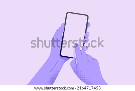 Holding phone in two hands. Empty screen, phone mockup. Editable smartphone template on isolated background. Vector illustration  Royalty-Free Stock Photo #2164717453