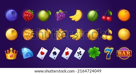Icons for gambling slot machine in casino. Vector cartoon set of golden food symbols, fruits, play cards, gold crown, lucky clover, number 7, diamond and bar symbol