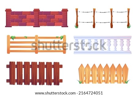 Wooden picket fence, barrier with barbwire, stone balustrade and brick wall. Vector cartoon set of different fences for garden, farm paddock, house terrace, backyard and ranch Royalty-Free Stock Photo #2164724051