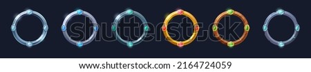 Round avatars frames for game, ui textured medieval jagged metal and wooden borders. Cartoon empty bordering with gemstones, isolated fantasy graphic design gui elements, Vector illustraion, set