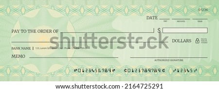 Blank bank check, checkbook cheque template with green guilloche, vector mockup. Bank payment check or money voucher and cash pay cheque certificate, dollar bill paycheck with guilloche pattern Royalty-Free Stock Photo #2164725291