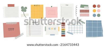 Collection of various paper notes. Blank paper notes for  to-do list, planner, memories. Stickers and assorted pieces of scotch tape. Vector hand drawn illustration. All elements are isolated. Royalty-Free Stock Photo #2164733443