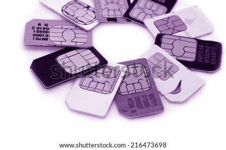 Set of color SIM cards isolated on white background