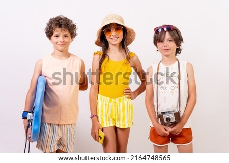Children enjoying summer vacations on a white background