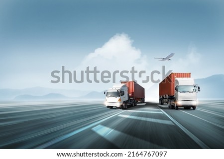 Logistics import export and cargo transportation industry concept of Container Truck run on highway road at sunset blue sky background with copy space, cargo airplane, moving by motion blur effect Royalty-Free Stock Photo #2164767097