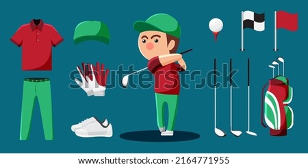 Golf player cartoon and equipment set such as ball, uniform, golf club, cue stick, glove, shoe. Objects isolated on a blue background.