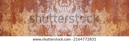Old brown gray rusty arabesque vintage worn geometric shabby mosaic ornate patchwork motif porcelain stoneware tiles stone concrete cement wall wallpaper texture background banner panorama Royalty-Free Stock Photo #2164772831