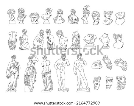 Ancient Greek aesthetics, greece statues of a goddess and a nymph, vector black white outline antique sculptures of man and woman, hand drawn people bodies isolated clip art bundle