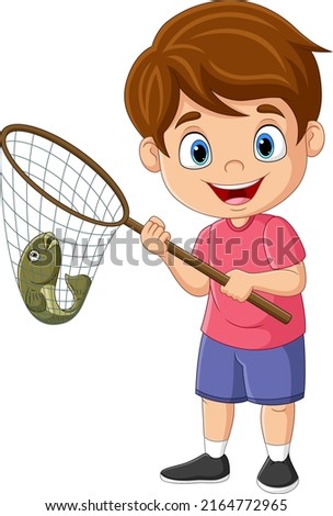 Cartoon little boy catching fish with net